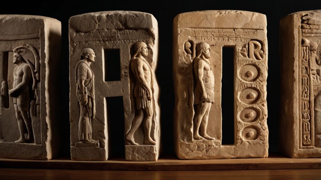 Ancient stone tablets showing evolution of letter R from Phoenician resh to Greek rho to Roman R