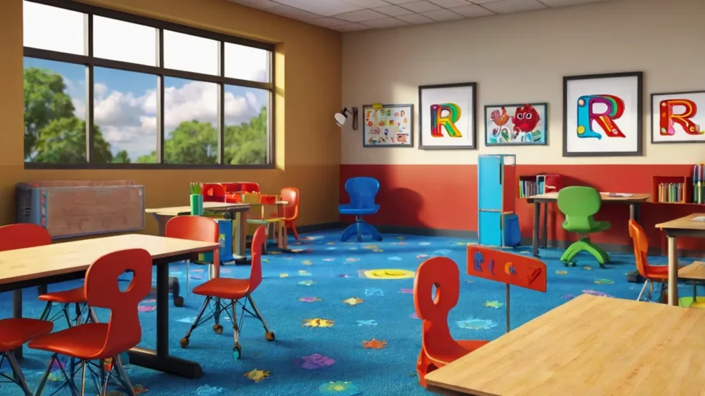 Teaching Letter R to Children Through Visual Learning Educational illustration showing letter R with child-friendly words like rainbow, rabbit, and robot
