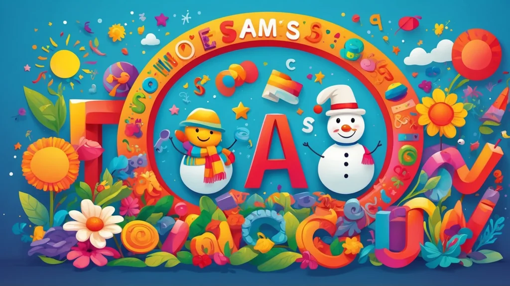 Educational illustration of letter S with child-friendly words like sun, snake, and star