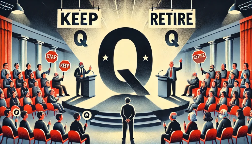 Illustration of a debate over retiring the letter Q