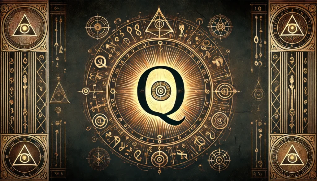 Mystical letter Q surrounded by ancient glowing runes