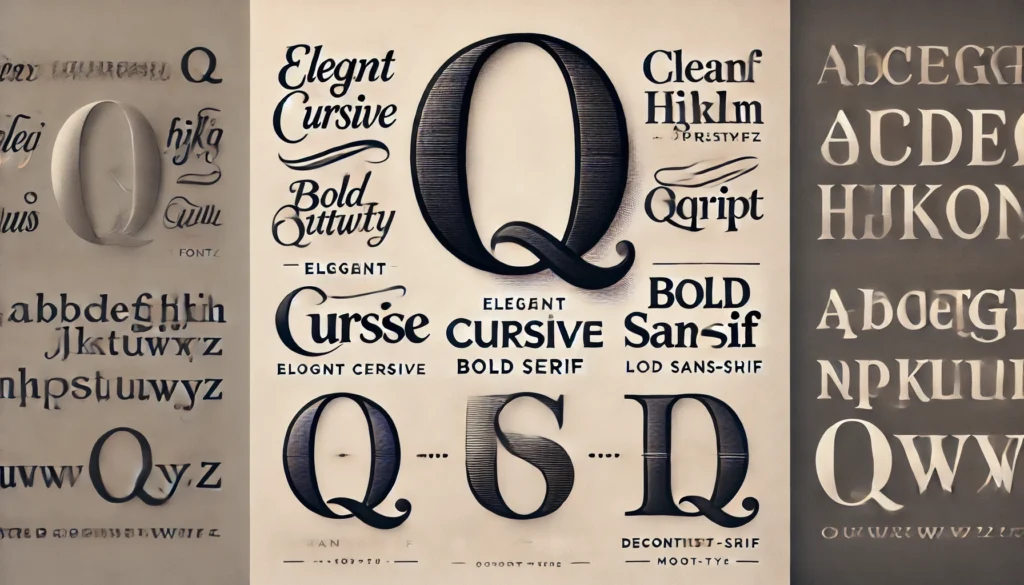 Comparison of the letter Q in cursive, serif, and sans-serif fonts