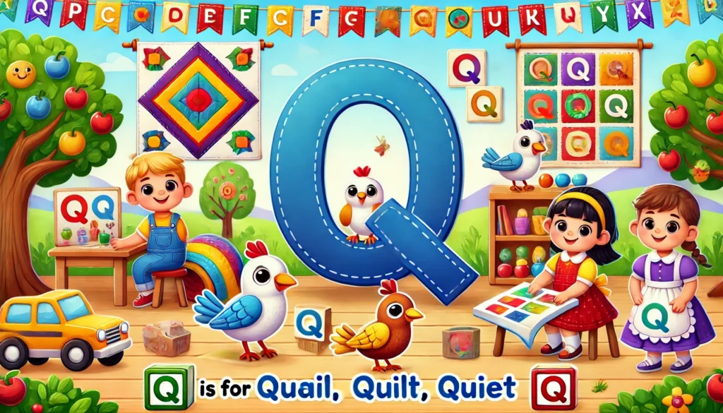 Preschool letter Q craft scene with quilts and quails