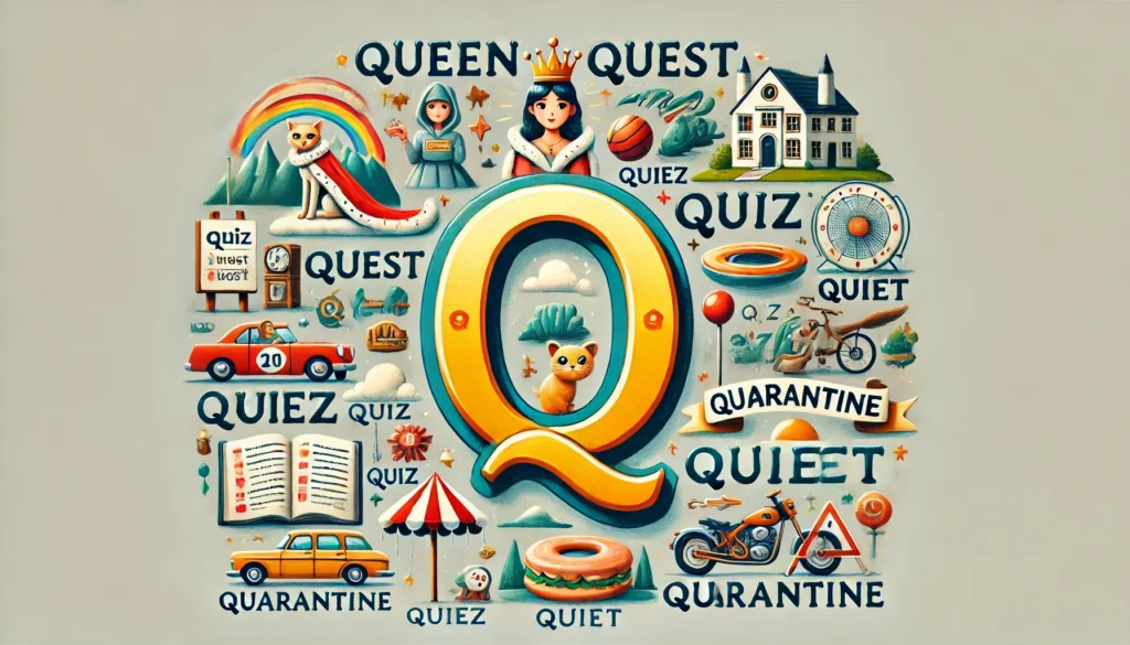 Collage of illustrated words starting with the letter Q