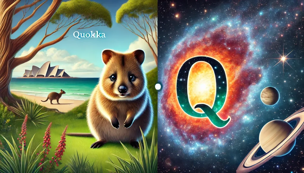 Split image of a quokka in nature and a quasar in space